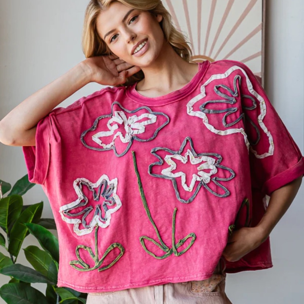 Oli & Hali Hot Pink Floral Appliqué Boxy Top